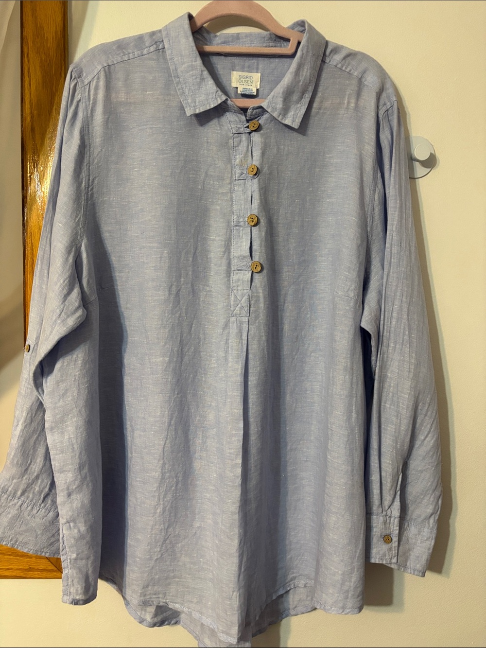 Sigrid Olsen Light Blue Linen Button Pullover Blouse